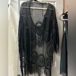 Black Fringe Crochet Cover-Up swimsuit dress os rhinestone